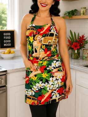 Loudmouth Tropical Pinup Apron Retro Woody Car Hawaiian Cotton Blend Fun